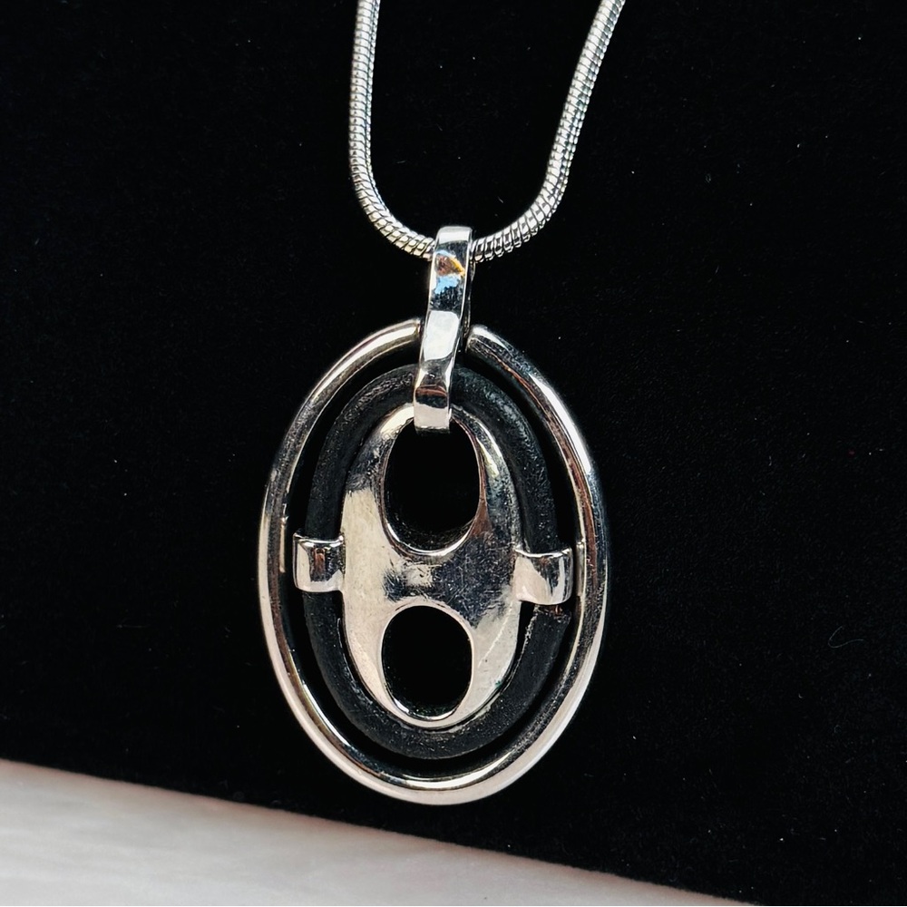 Vintage Aged Silvertone Black Oval Pendant Necklace